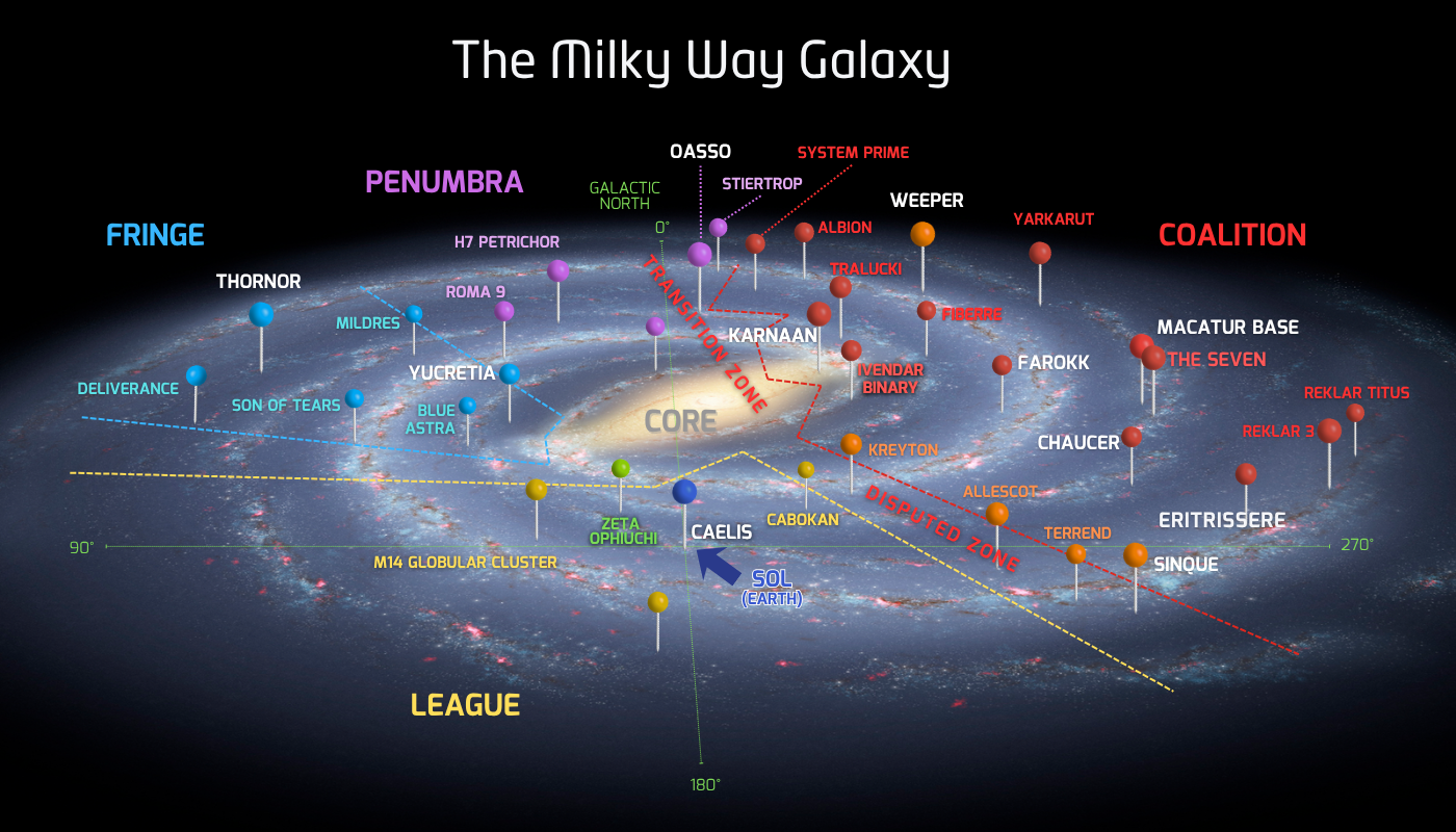 galactic map with lots of real and made-up places pinned to it