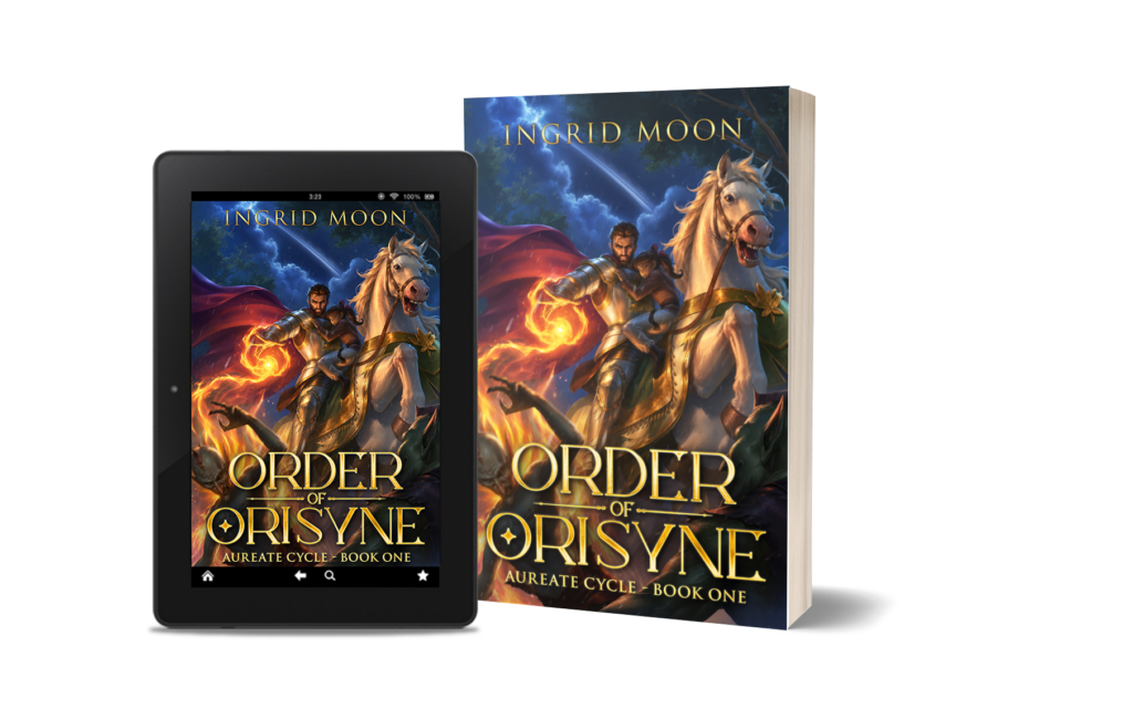 An ebook and hardcover book displaying the cover of Order of Orisyne, a noble dark epic fantasy. the paladin shoots fire magic at monsters from atop his white horse while holding a little girl