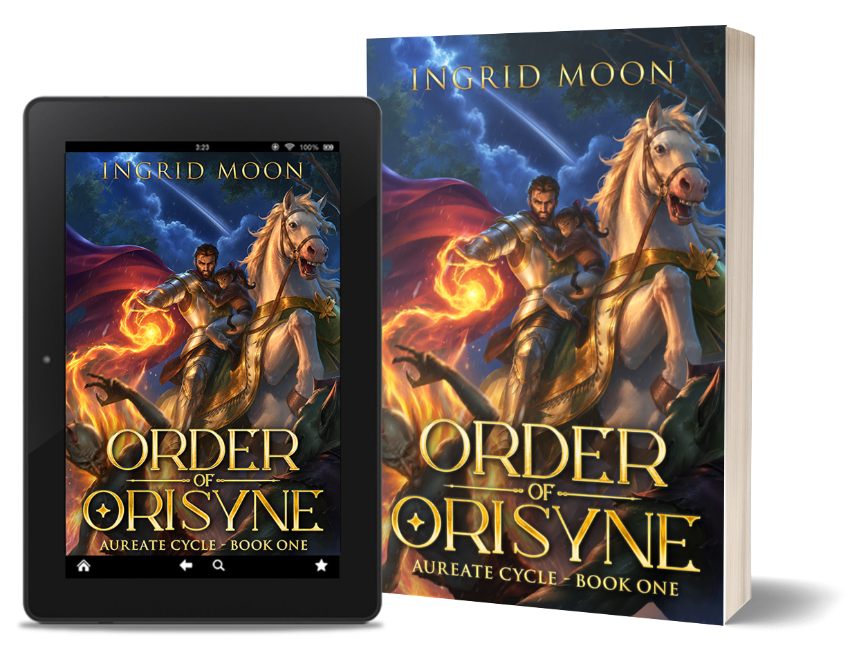 An ebook and hardcover book displaying the cover of Order of Orisyne, a noble dark epic fantasy. the paladin shoots fire magic at monsters from atop his white horse while holding a little girl