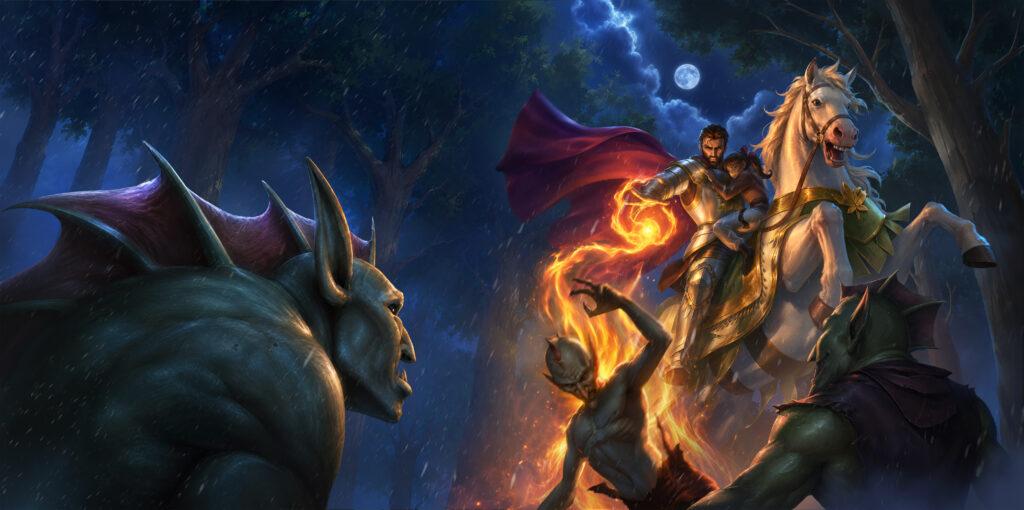 Illustration of a paladin on a white horse holding a little girl while blasting fire at scary monsters